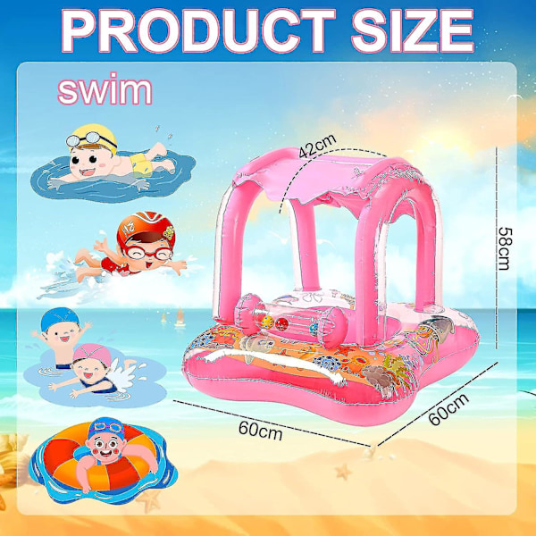 Baby Badring Uppblåsbar Pool Badring Med UPF 50+ Solskydd För Barn 3-36 Månader Kul I Vattnet rosa pink With 3 bells