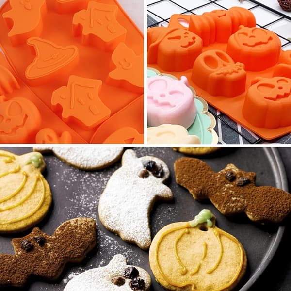 4 Halloween Bageforme - Silikone Chokoladeforme - Græskar/Kranie/Heks/Spøgelse Former - til Slik, Gelé - Orange