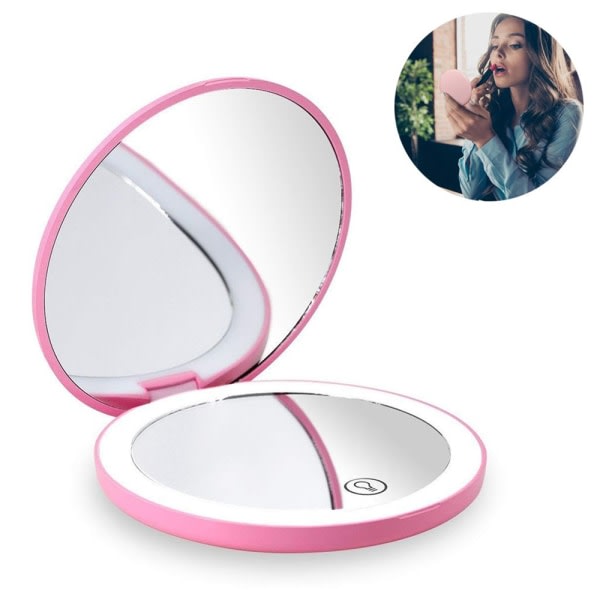 Dobbeltsidig sminkspegel LED-lysforstoring Kompakt USB Pink