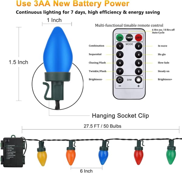 C7 Julgransbelysning 7,6 m - 50 färgglada LED-lampor - Multifunktionsfjärrkontroll