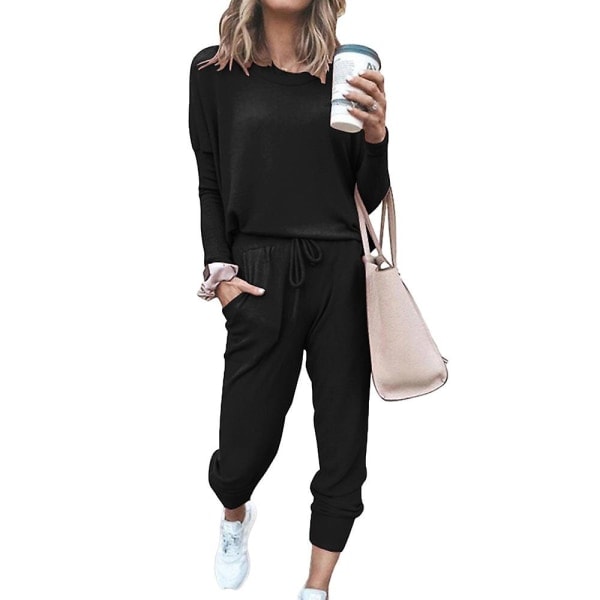 Kvinnor Casual Enkla Kläder T-shirt Toppar + Dragsko Elastisk Midja Jogging Träningsbyxor Byxor Loungewear Set Svart M Black M