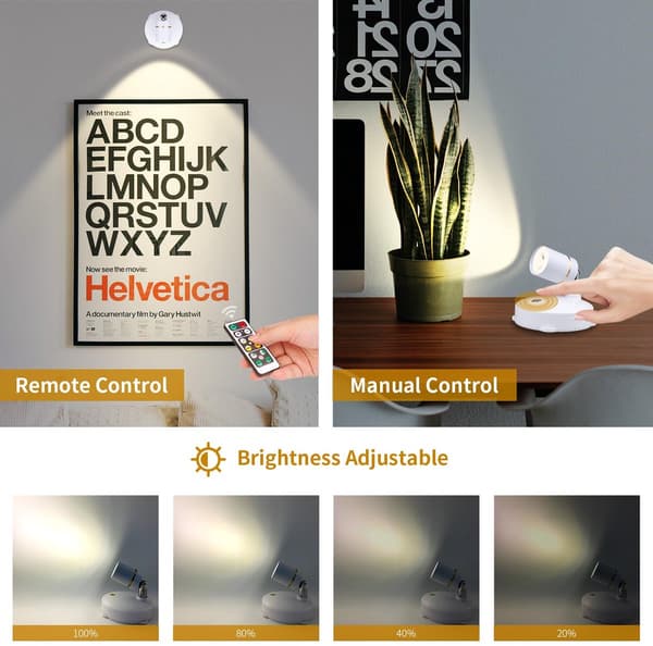 Batteridrevne LED-spotlights med fjernkontroll, dimbar timer, justerbart hode for veggkunst og aksentbelysning, 2-pakning, hvit