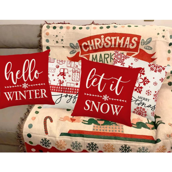 Julkuddfodral 18 * 18 tum Linnekuddfodral Cover Snöflinga röd Vinter fritidshus Soffa Sovrum Set med 4(JYM212)