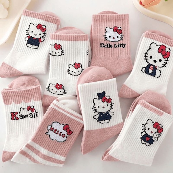 Kitty Cat Strumpor - 8 Par, Rosa, Söt Tecknad, Vardaglig, Mångsidig - Höst/Vinter Ungdomsstrumpor