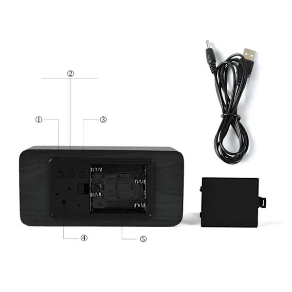 Elegant Vækkeur i Trædesign: LED, 3 Alarmer, Temp Display Sort