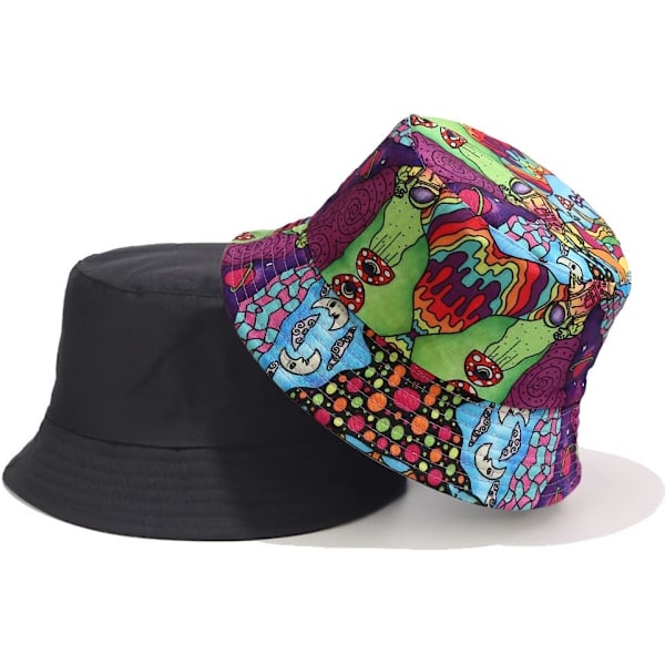 Söt bucket hat strand fiskarhattar för kvinnor, vändbar dubbelsidig användning Psychedelic Mushroom