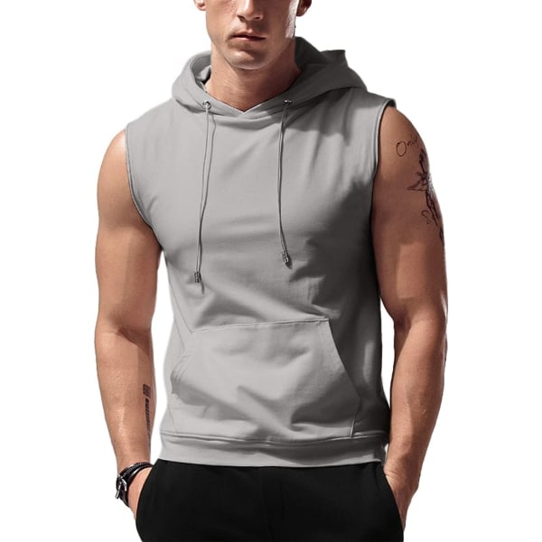 AVEKI T-tröjor med huva for män Ärmlösa gymhuvtröjor Bodybuilding Muscle Ärmlösa T-skjorter, Grå, L zdq