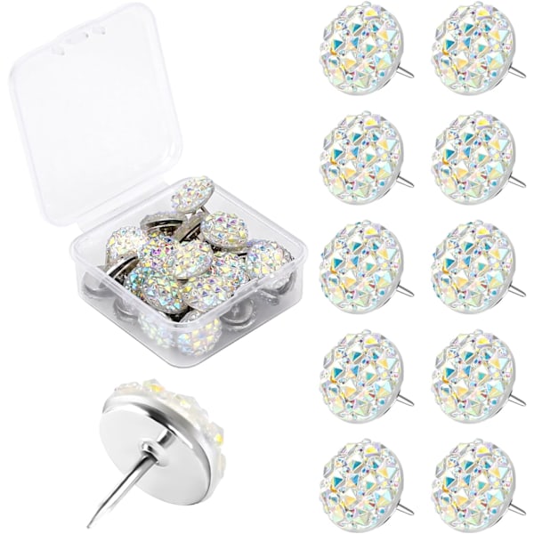 30 Shiny Diamond Pushpins - Clear, Decorative, White