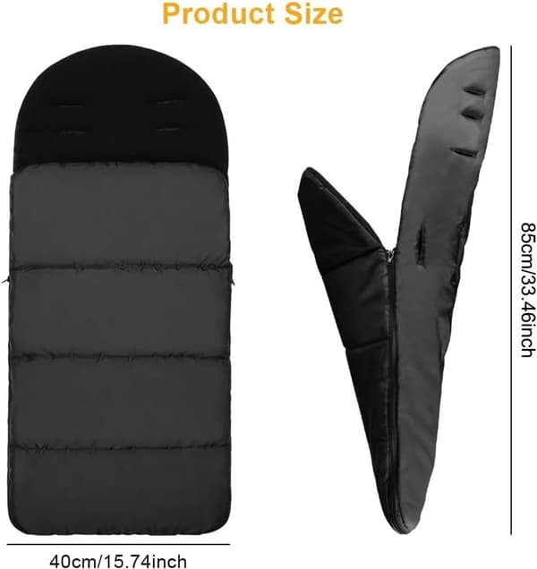 Universell åkpåse för barnvagn, vattentät och vindtät, varmt fleecefoder, svart