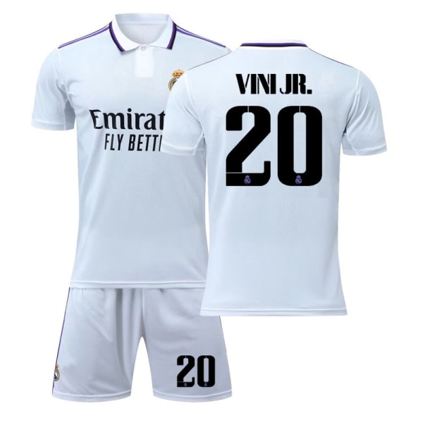22-23 Barn Vinicius Real Madrid hjemmefotballtrøye 20 Storlek VINI JR 20 20（110-120CM） Nr 9+strumpor 20（110-120CM）