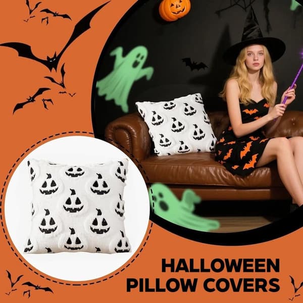 Halloween Pudebetræk Sæt Med 2, 3D Græskar Og Spøgelsesmønster, Blød Polyester, Til Sofa Soveværelse Festindretning, Hvid, 45 x 45 cm