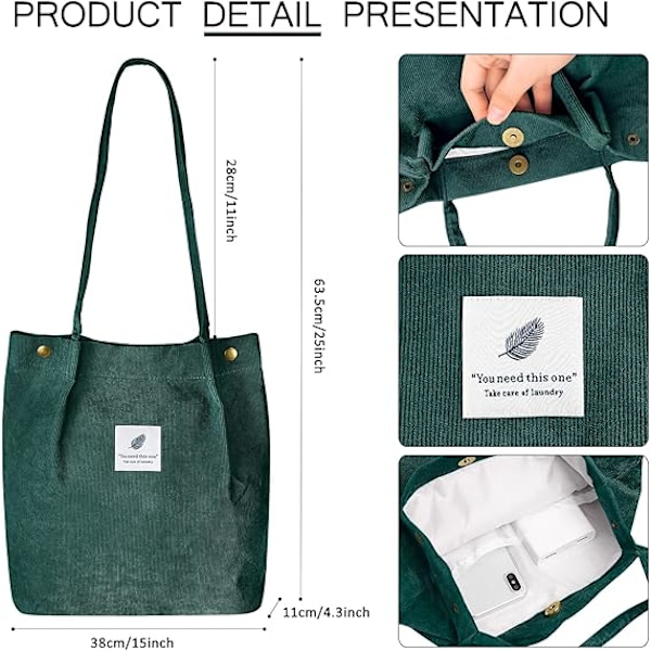 Kordväska Tote Bag för Kvinnor Canvas Axelväska med Innerficka