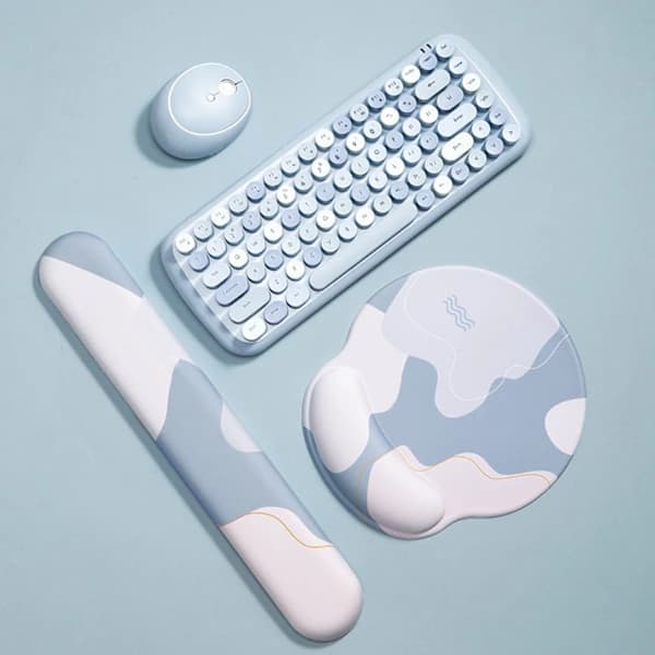 Tastaturmusemåtte Sæt Ergonomisk Silikone Musemåtte med Hukommelsesskum Tastatur Håndledsstøtte til Computer Rund, Blå