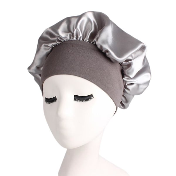 Hårvård Kvinnor Bredband Elastisk Satin Bonnet Cap Nattsömn Hatt Huvudinpackning Silver