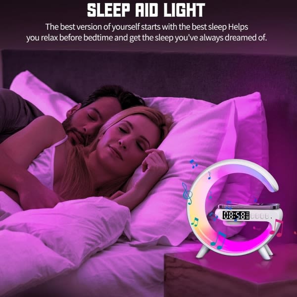 Trådløs højttaleroplader, 3-i-1 sengelampe med vækkeur-højttaler, natlampe, trådløs højttaleroplader LED-lampe, soveværelsesatmosfære