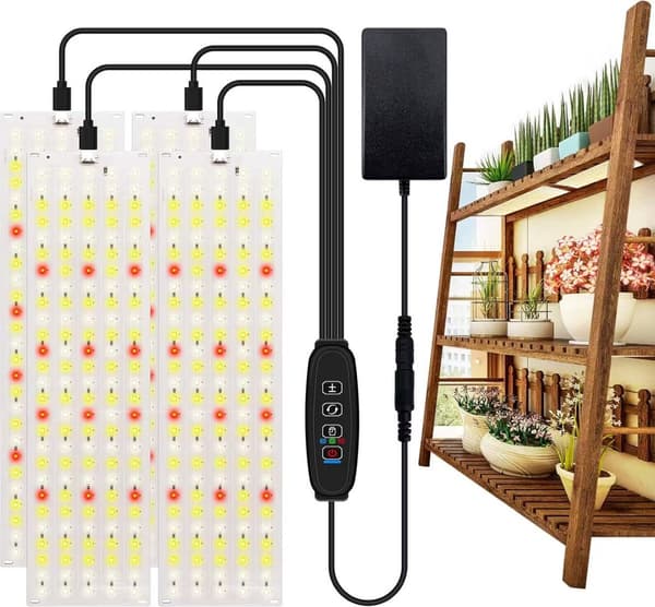 LED-vækstlyspaneler, 4-pak fuldspektrum 316 LED'er, 3/9/12H timer, 10-niveau dæmpning til indendørs planter, 30 x 8 cm
