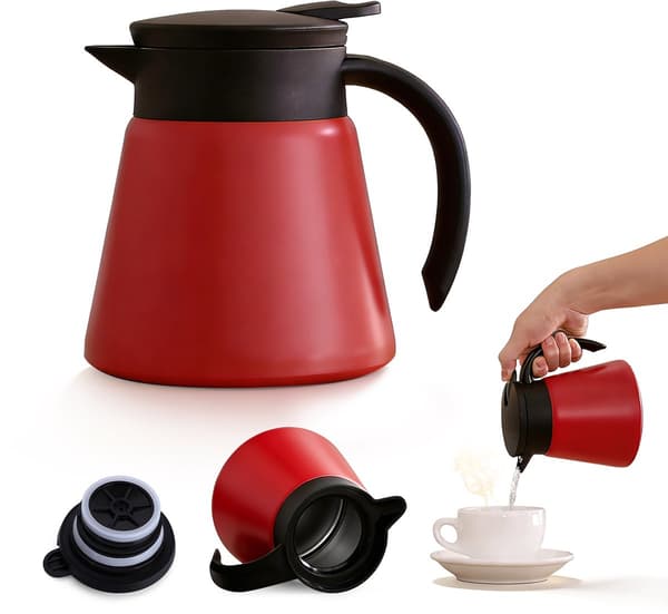Termokande, 304 rustfrit stål dobbeltvægget isoleret, lækagesikker kaffe- og teserver, hjemmekontor café, rød, 0,6 L
