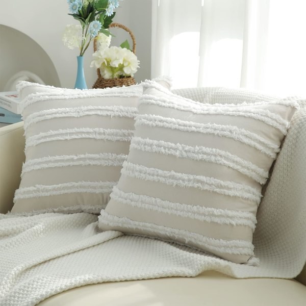 Boho dekorative putetrekk, nøytrale stripete putetrekk 16X16 Sett med 2, Beige bomullslin putetrekk for sofa seng stue.