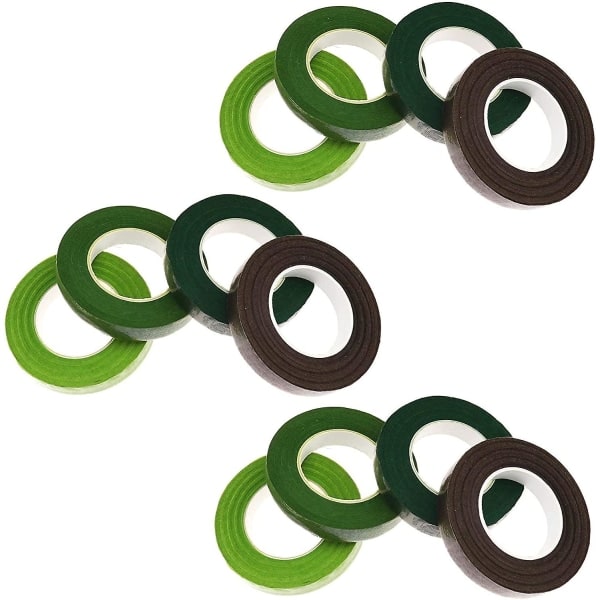 Blomsterhandler Florist Stam Tejp Wrap Kit Bred Buketter Blomster Fremstilling Lim Håndværk Blomsterhandler Håndværk Projekt Dekorationer (12stk, Mørkegrøn X3 + Mellem Grøn X3 + Lysegrøn X3 + Kaffe X3)