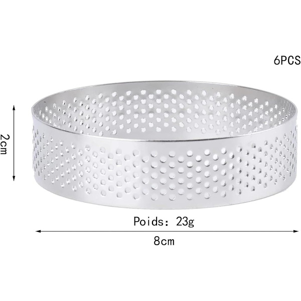 Kageringe sæt med 6 - Ø 8x2 cm x 0,8 mm - Rustfrit stål - Til mousse, muffins, kager - Bageforme