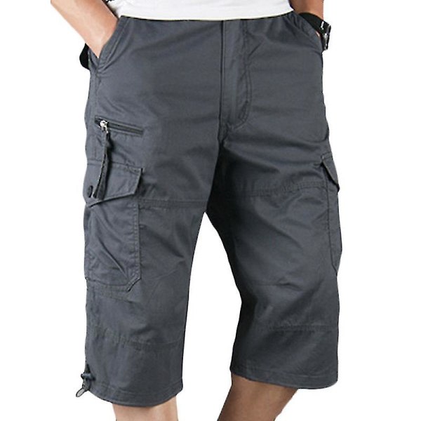 Män Plain 3/4 Längd Cargo Pants Combat Multi Pockets Dark Grey 2XL zdq