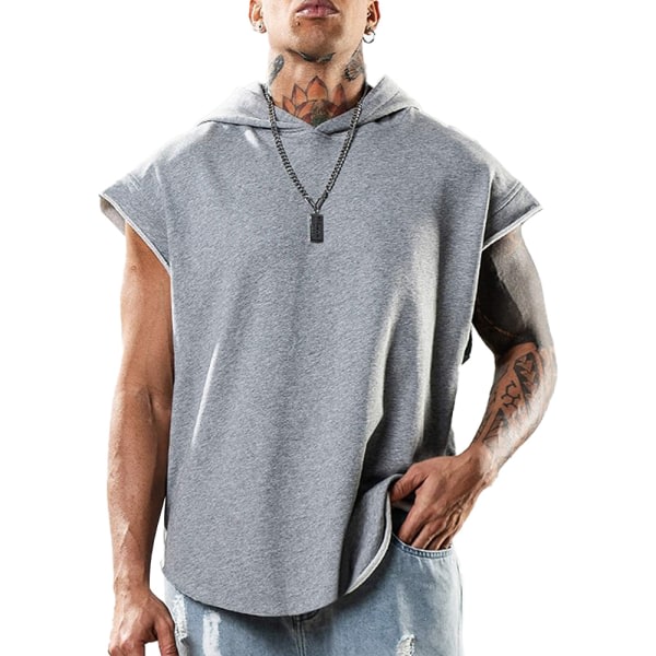 T-shirt med huva för herr ärmlösa gymtröjor - grå XXL CDQ