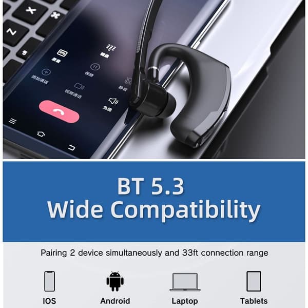 Bluetooth Mono Headset (Enkeltsidet) - Tilsluttes din PC, Mac, tablet og/eller telefon - Støjreduktion, Sort-tfrf