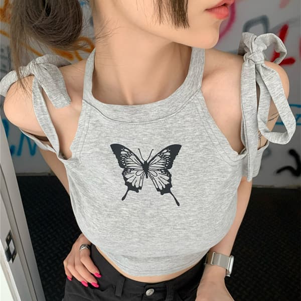 Dame Cold Shoulder Topp Casual Halterneck Grafisk Trykk Rosett Sommer Pullover T-skjorte Lys Grå L
