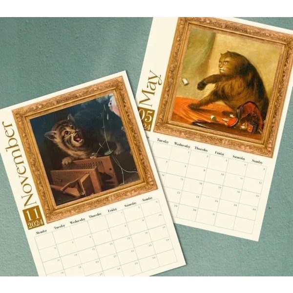 Konstig medeltida kattkalender, rolig konstig medeltida kattkalender 2024, kattvägg konstig 1 st