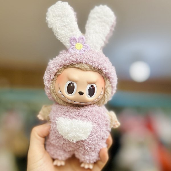 Lila blommigt pannband kaninöron tvådelat set, (endast kläder) 17cm hänge blind box macaron Labubu Labubu Time to chill dockkläder