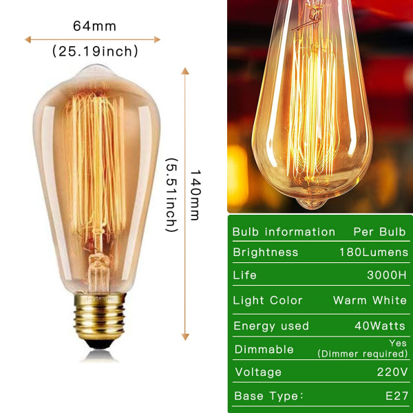 Vintage Edison glödlampa 40W - Dimbar skruv ST64 - E27 Base 220V Glödlampa Klassisk antik glödlampa Style - Warm Whtie 2700K - Amber lasi
