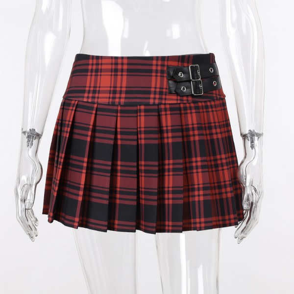 CDQ Kontrastfärg plädad läderband Plisserad kjol Uniform hög midja smal kort skarvkjol (röd, L)