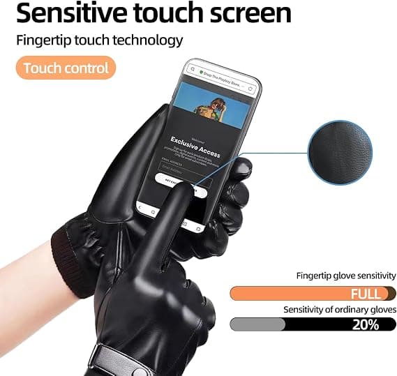 Vinterlæderhandsker til mænd, sorte - Touchscreen & kashmirfor