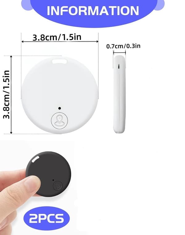 Mini Bluetooth Tracker Genfinder 2-pak, bærbar nøglefinder med app-advarsel til bagage, pung, kæledyr, børn, sort & hvid
