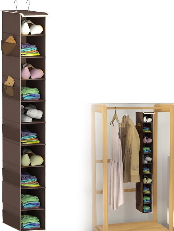 Hängande garderobsorganisatör, brun, 10 hyllplan, förvarar kläder, skor och accessoarer