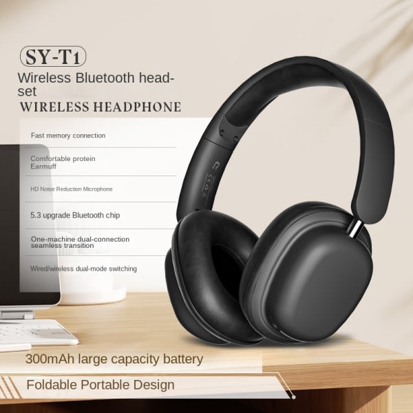 Bærbare og mångsidige hörlurar med 15 timers batteritid, 40 mm høytaler og 10 m overføringsräckvidd SY-T1 trådløsa hörlurar svart