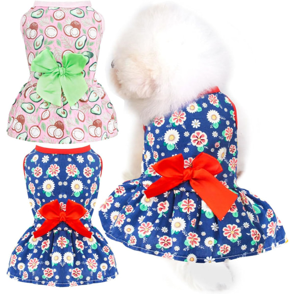 2-pack liten hundklänning Mjuk bomull sommarhundkläder flicka Rolig blommig avokadovalp prinsessklänning Söta pilbåge hundklänningar (blå/rosa,M)