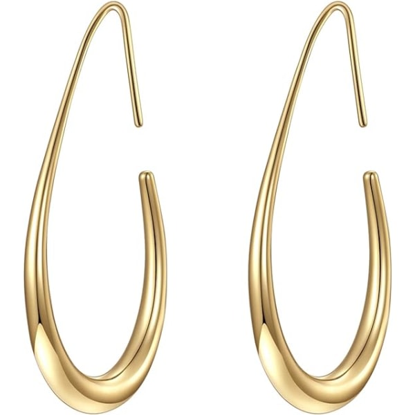 Latta Teardrop Hoop-örhängen for kvinner - 14k guld/vitguldpläterade store ovala pull-through-bågeörhängen Högpolerade smycken