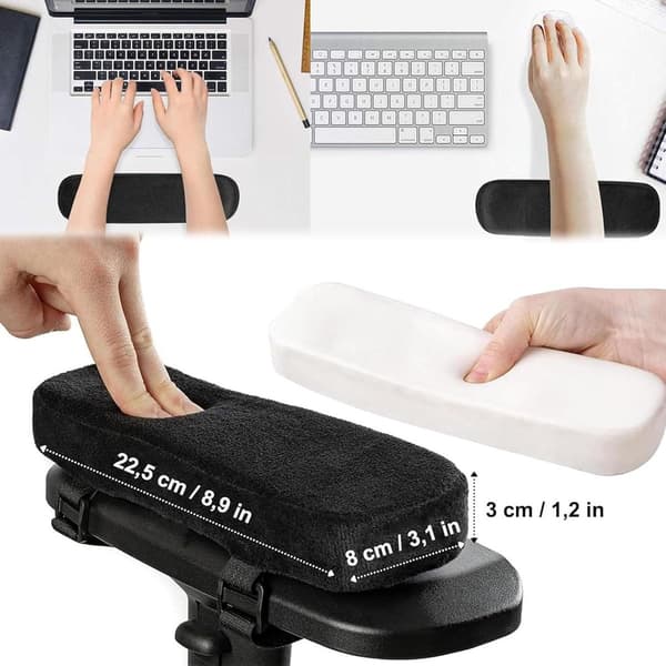 Stol Armlænspuder Sæt med 2, Bløde Memory Foam Puder med Justerbare Stropper, Albue Håndledsstøtte til Kontor Gaming Skrivebordsstole, Sort