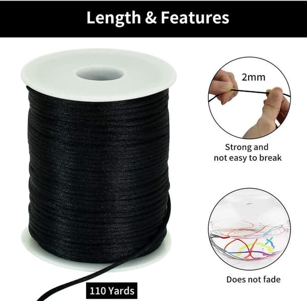 Musta nailonnaru 2mm x 100m korujen valmistukseen, makrameehen, rannekoruun, Kumihimo-askarteluun