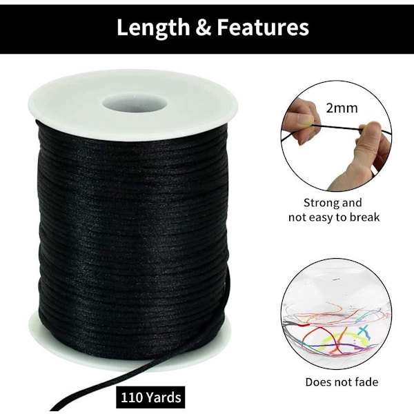 Sort nylonsnor 2 mm x 100 m til smykkefremstilling, makramé, armbånd, Kumihimo-håndværk