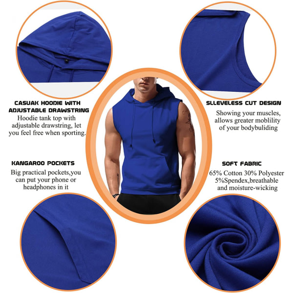 AVEKI Träningströjor med huv for mænd Ärmlösa gymhuvtröjor Bodybuilding Muscle Ärmlösa T-shirts, blå, M zdq