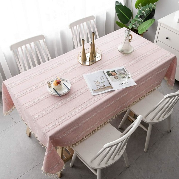 CDQ Rektangulär bordsduk Bomull Linne Tofs Torka Rengör Tvättbar (Rosa-Stripe, 55 x 79 tum) Pink