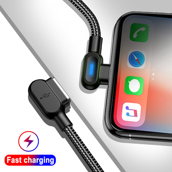 Vinklad 90 graders laddarkabel USB a till USB c / iPhone Light sva svart (Lightining) 2 meter