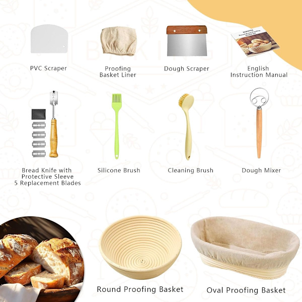 Bread Baking Fermentation Basket - Yeast Baking Set - Includes a 23 cm Round Fermentation Basket and a 25 cm Oval Fermentation Basket, a Whisk - Dough Scraper