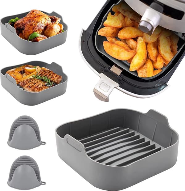 Airfryer-sæt - Silikonebageform 20 cm + handsker + børste - Grå - Genanvendelig - Alt i én pakke