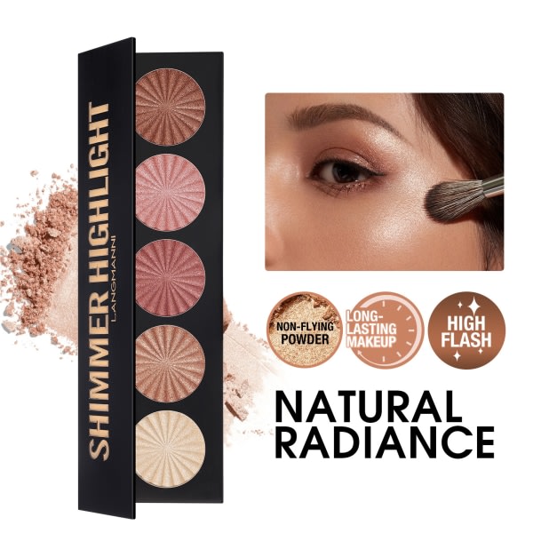 5 farger Smooth Shimmer Highlighter Langvarig Fint Pulver for Kvinner Jenter Daglig Sminke default