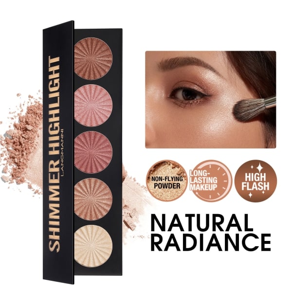 5 väriä Smooth Shimmer Highlighter Pitkäkestoinen Hieno Jauhe Naisille Tytöille Päivittäinen Meikki oletus