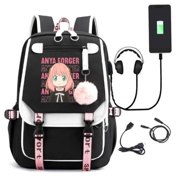 Anya Forger ryggsäck barn ryggsäck ryggsäck med USB udtag 1st sort 2