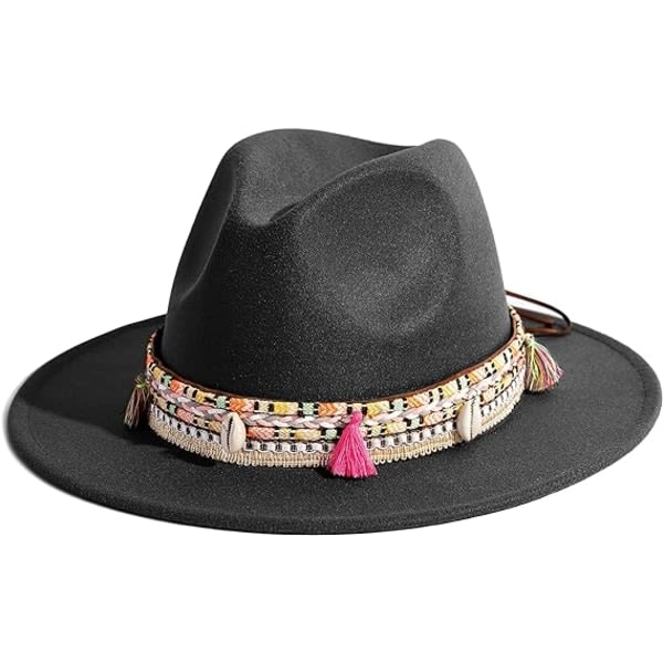 Fedora-hatt i filt för kvinnor, panamahattar med bred brättning med tofs
